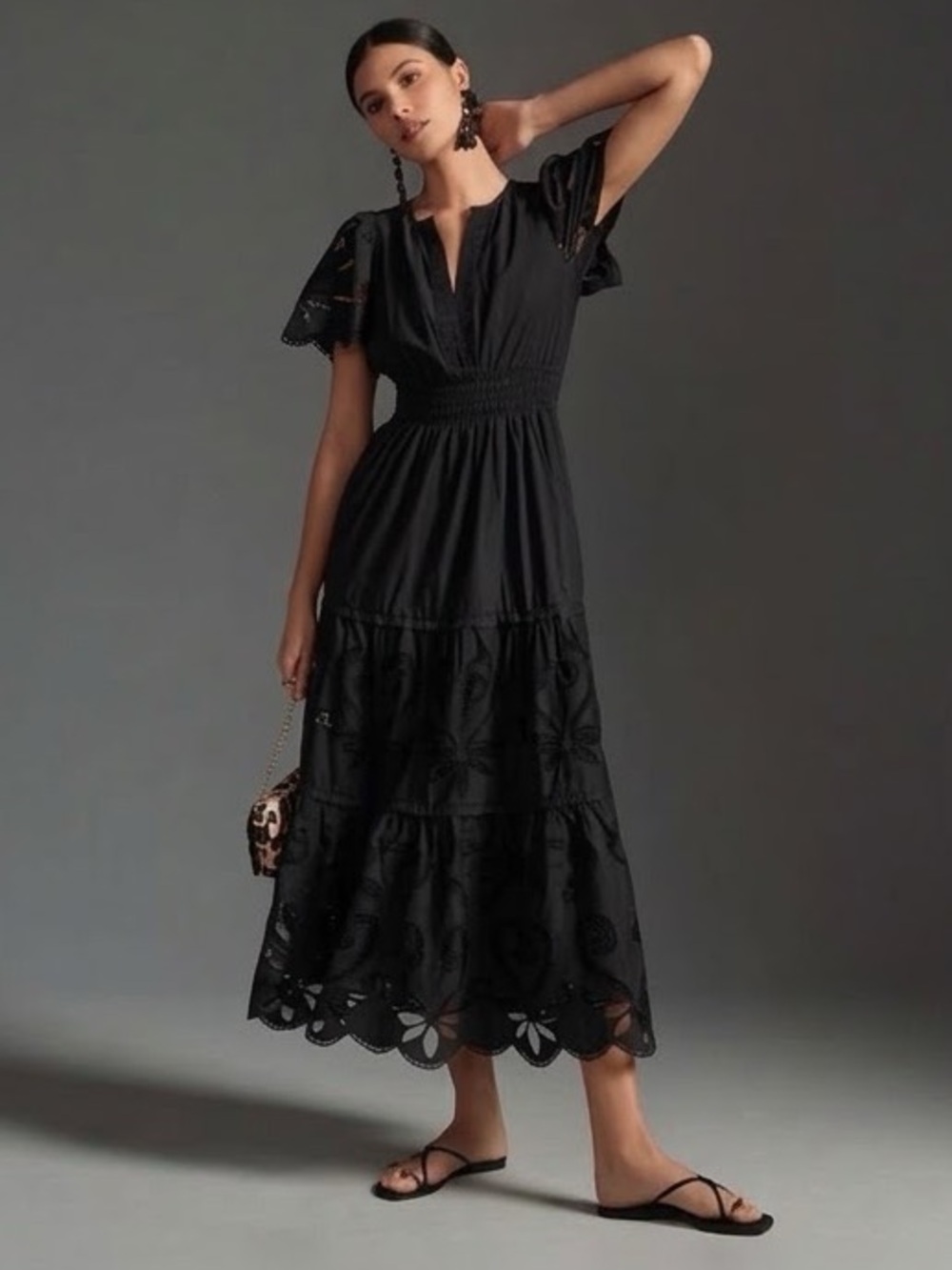 Anthropologie Somerset Maxi Dress Black Short Sleeve A-Line Cotton Pockets Small